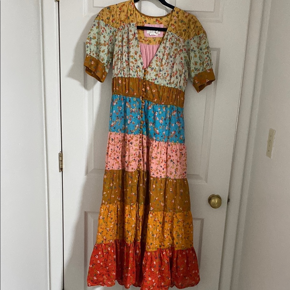 Anthropologie Floral Patchwork Dress - Pink, Yellow, Green